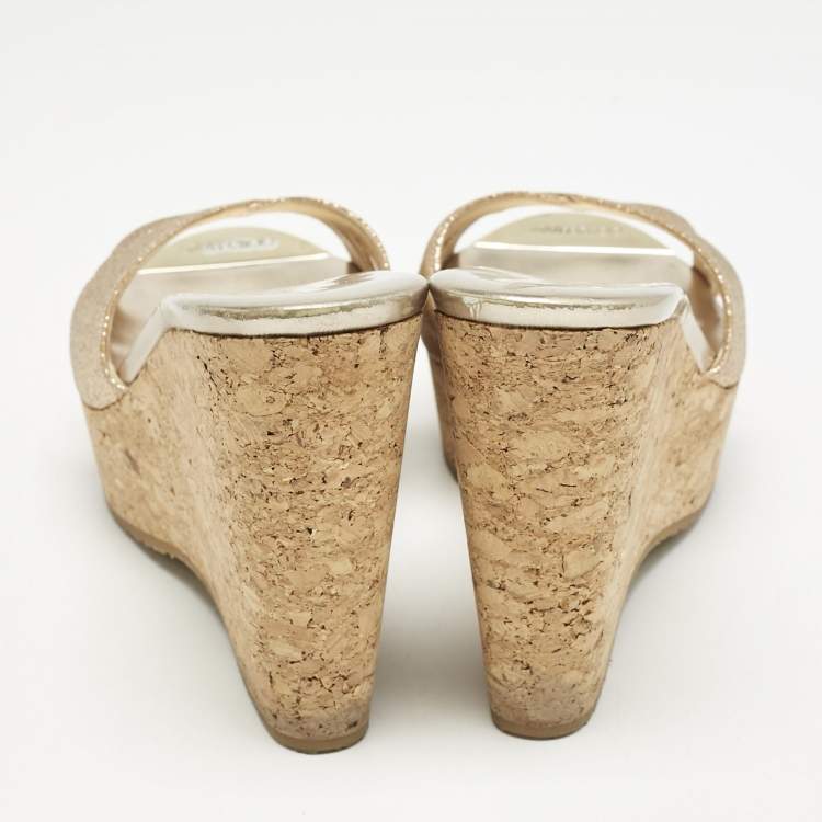 Pre Owned Jimmy Choo Metallic Gold Glitter Prima Cork Platform Wedge Sandals Size 37