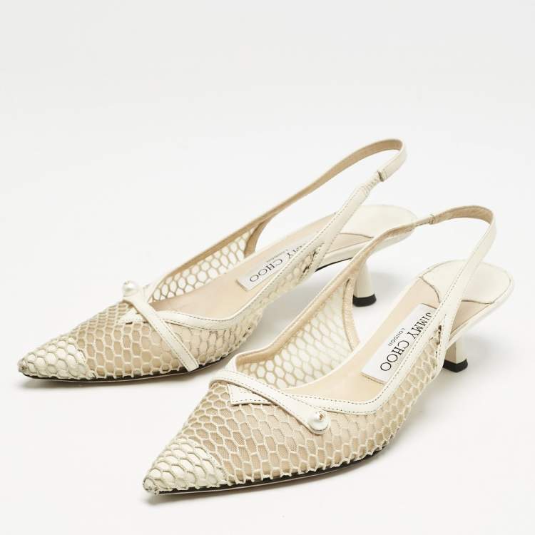 Pre Owned Jimmy Choo Cream Leather and Mesh Fetto Slingback Pumps Size 36