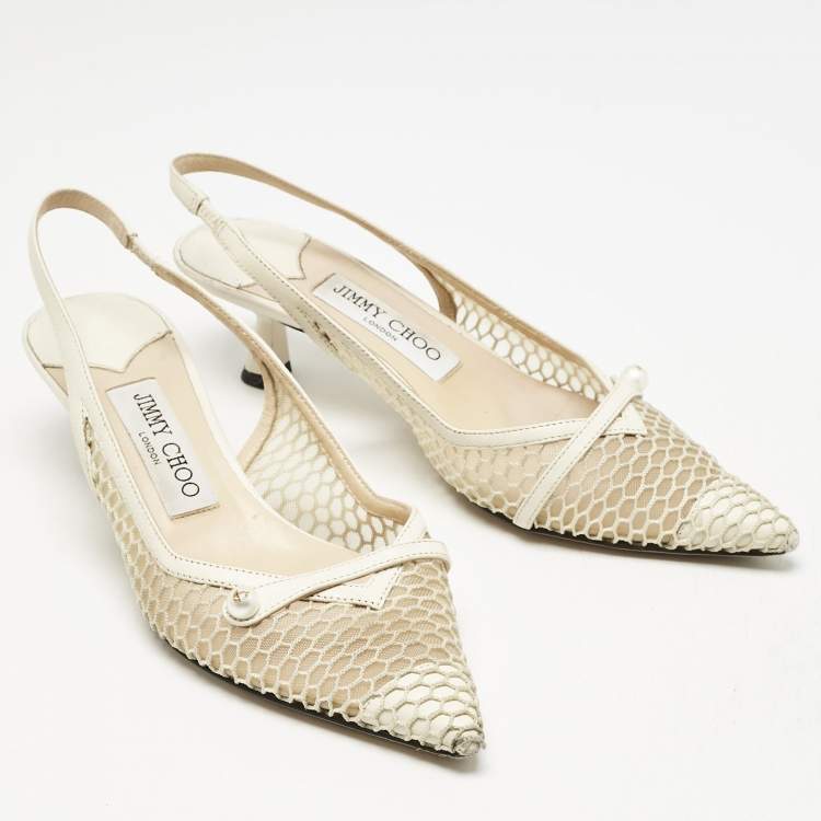 Pre Owned Jimmy Choo Cream Leather and Mesh Fetto Slingback Pumps Size 36