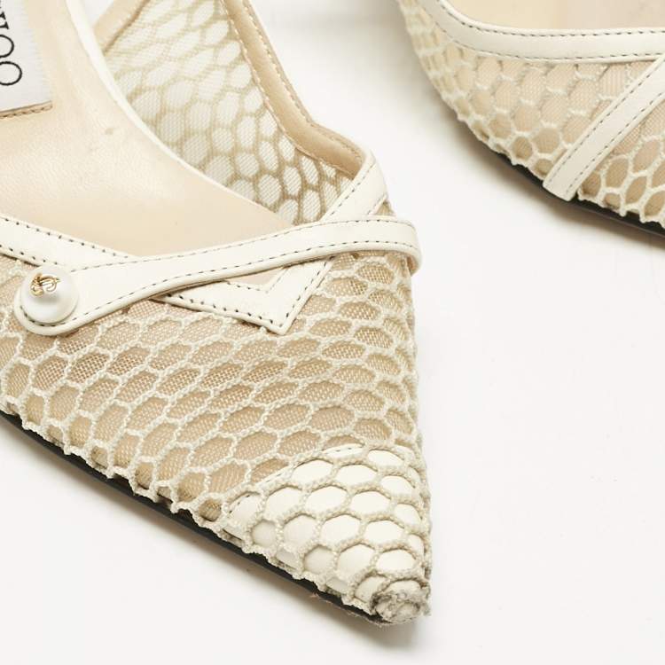 Pre Owned Jimmy Choo Cream Leather and Mesh Fetto Slingback Pumps Size 36