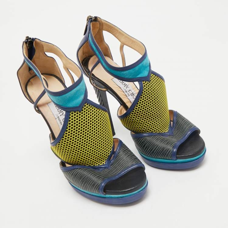 Pre Owned Jimmy Choo Multicolor Leatherand Suede Mix Media Lythe Honeycomb Platform Sandals Size 37