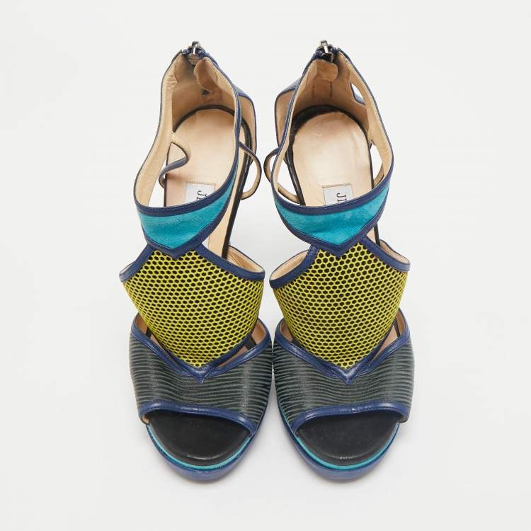 Pre Owned Jimmy Choo Multicolor Leatherand Suede Mix Media Lythe Honeycomb Platform Sandals Size 37