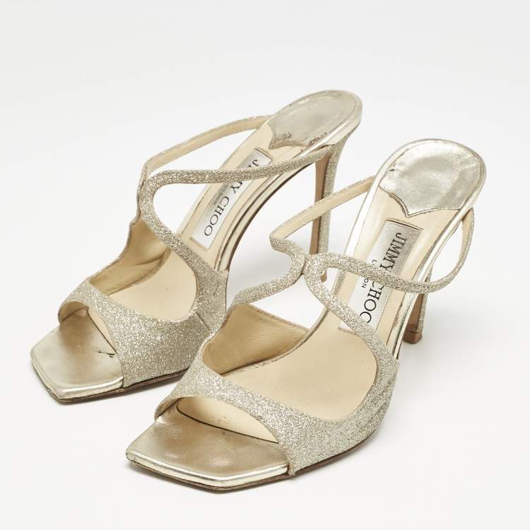 Pre Owned Jimmy Choo Metallic Glitter Stacey Slide Sandals Size 36