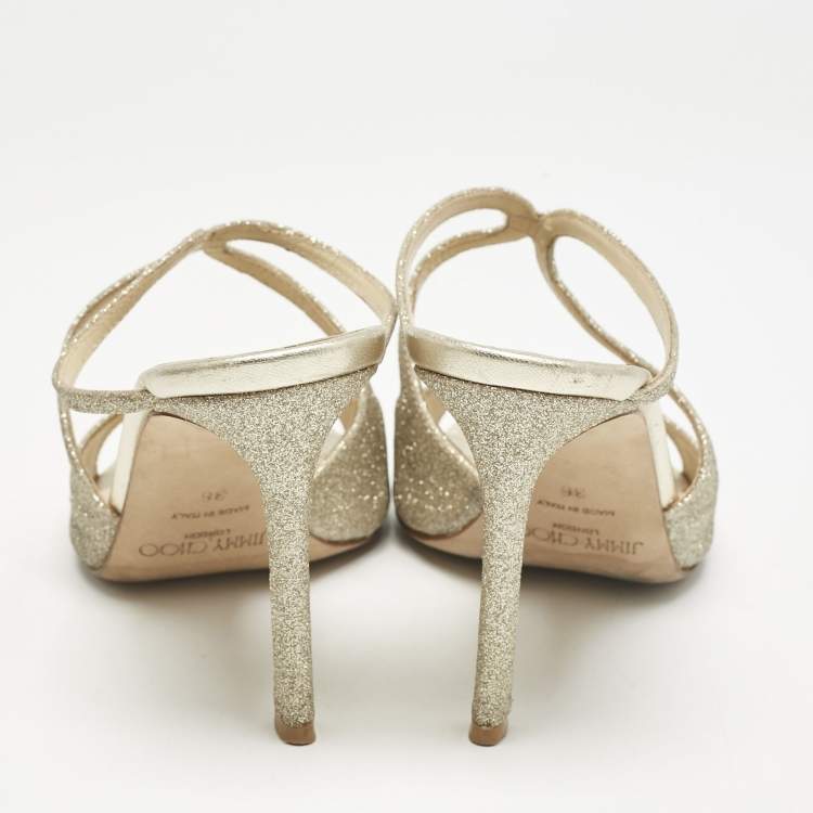 Pre Owned Jimmy Choo Metallic Glitter Stacey Slide Sandals Size 36