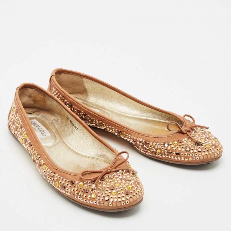 Pre Owned Jimmy Choo Brown Leather Crystal Embellished Ballet Flats Size 40