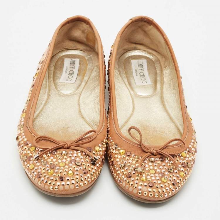 Pre Owned Jimmy Choo Brown Leather Crystal Embellished Ballet Flats Size 40