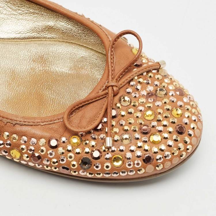 Pre Owned Jimmy Choo Brown Leather Crystal Embellished Ballet Flats Size 40