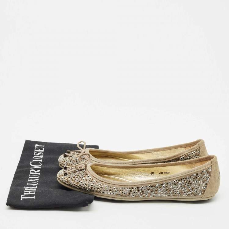 Pre Owned Jimmy Choo Grey Crystal Embellished Suede Weber Ballet Flats Size 40