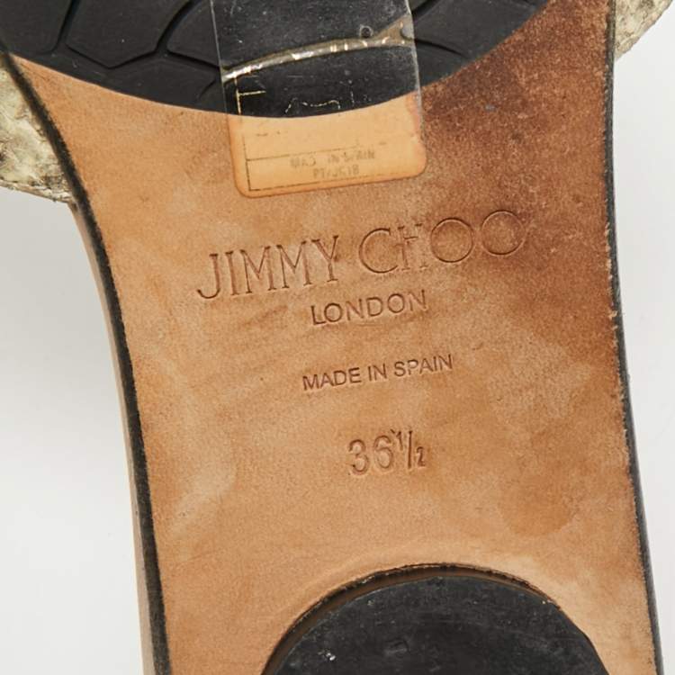 Pre Owned Jimmy Choo Black/Cream Python Embossed Leather Nanda Flat Slide Sandals Size 36.5