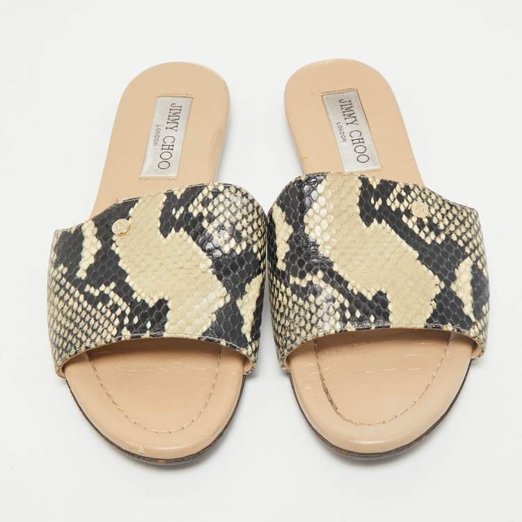 Pre Owned Jimmy Choo Black/Cream Python Embossed Leather Nanda Flat Slide Sandals Size 36.5