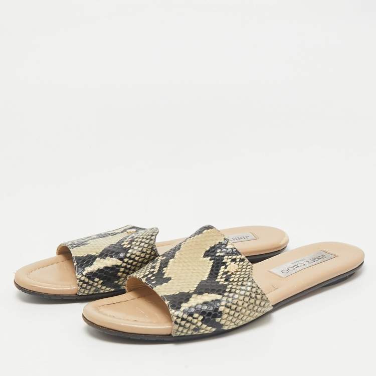Pre Owned Jimmy Choo Black/Cream Python Embossed Leather Nanda Flat Slide Sandals Size 36.5