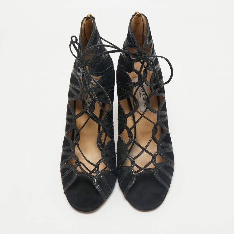 Pre Owned Jimmy Choo Black  Python Leather and Suede Ankle Strap Sandals Size 40.5