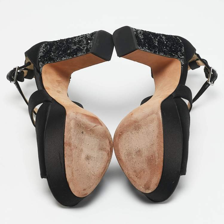 Pre Owned Jimmy Choo Black Glitter and Satin Carrie Ankle Strap Sandals Size 38.5