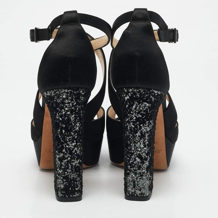 Pre Owned Jimmy Choo Black Glitter and Satin Carrie Ankle Strap Sandals Size 38.5