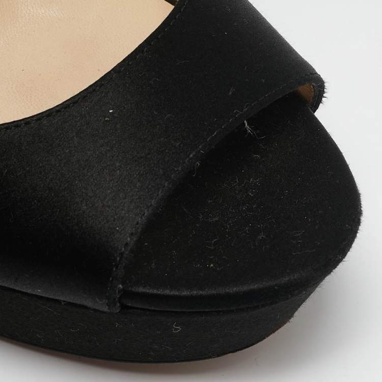 Pre Owned Jimmy Choo Black Glitter and Satin Carrie Ankle Strap Sandals Size 38.5