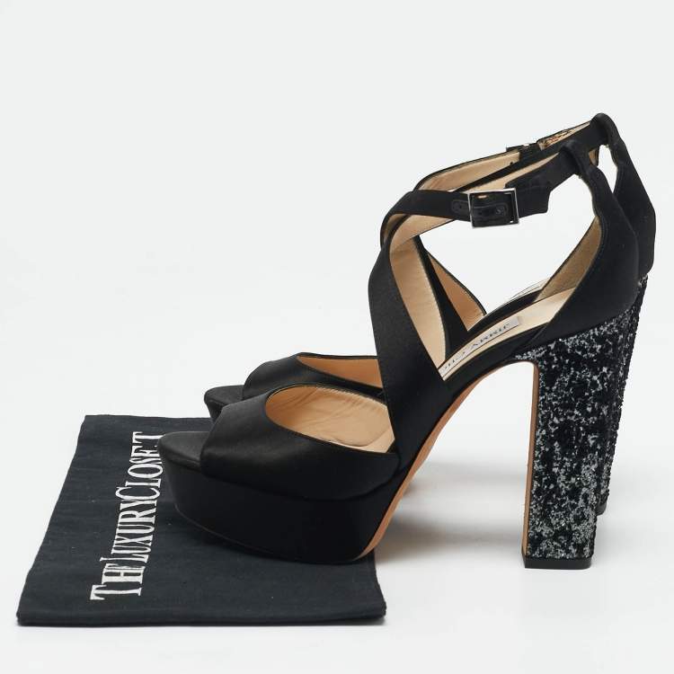Pre Owned Jimmy Choo Black Glitter and Satin Carrie Ankle Strap Sandals Size 38.5
