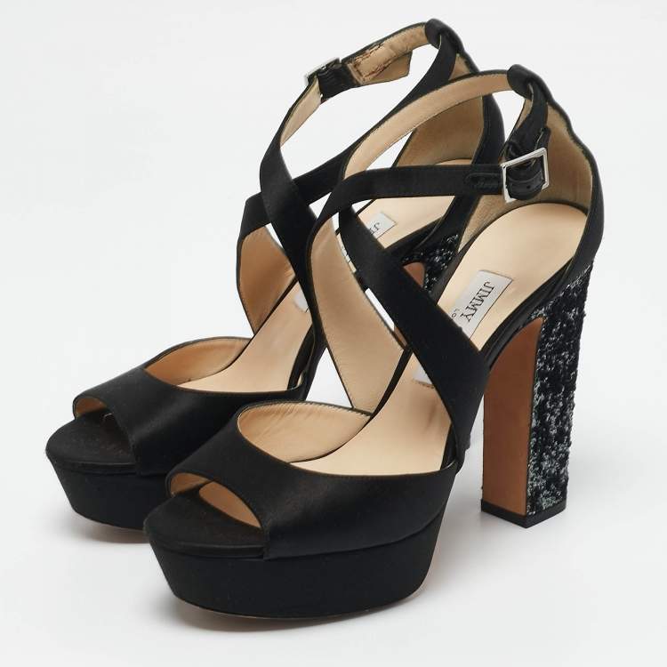 Pre Owned Jimmy Choo Black Glitter and Satin Carrie Ankle Strap Sandals Size 38.5