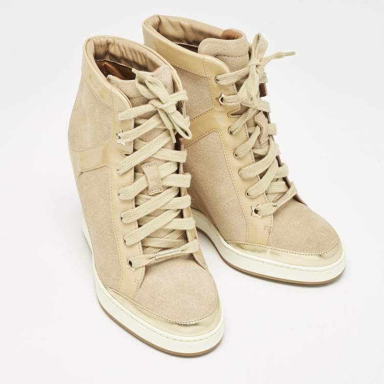 Pre Owned Jimmy Choo Beige Suede and Patent Leather Panama Wedge Sneakers Size 37.5