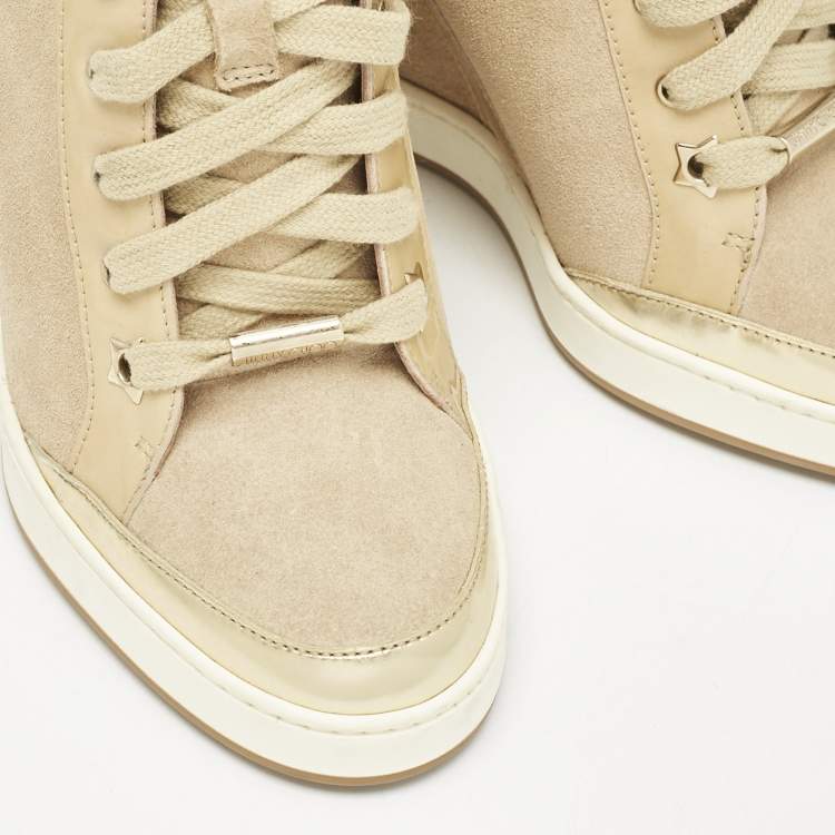 Pre Owned Jimmy Choo Beige Suede and Patent Leather Panama Wedge Sneakers Size 37.5