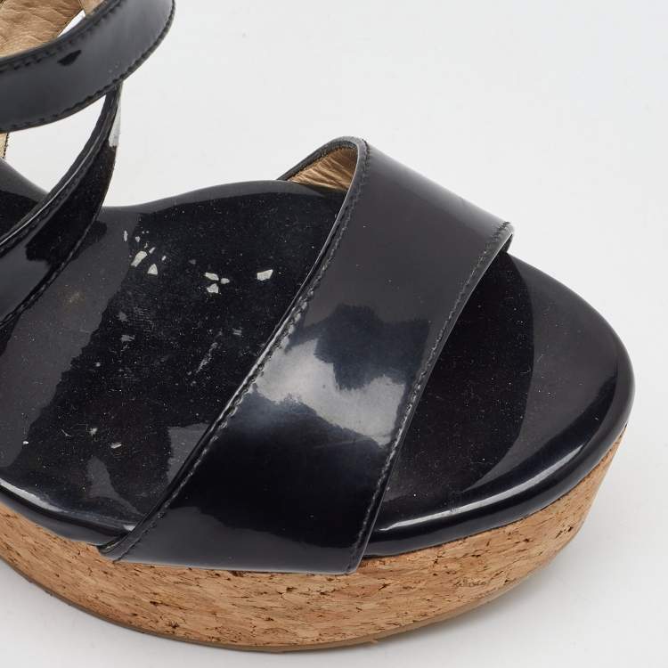 Pre Owned Jimmy Choo Black Patent Leather Portia Cork Platform Wedge Cross Strap Sandals Size 37