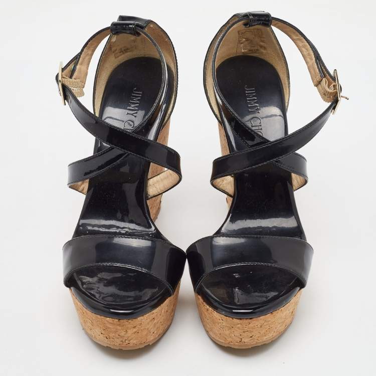 Pre Owned Jimmy Choo Black Patent Leather Portia Cork Platform Wedge Cross Strap Sandals Size 37