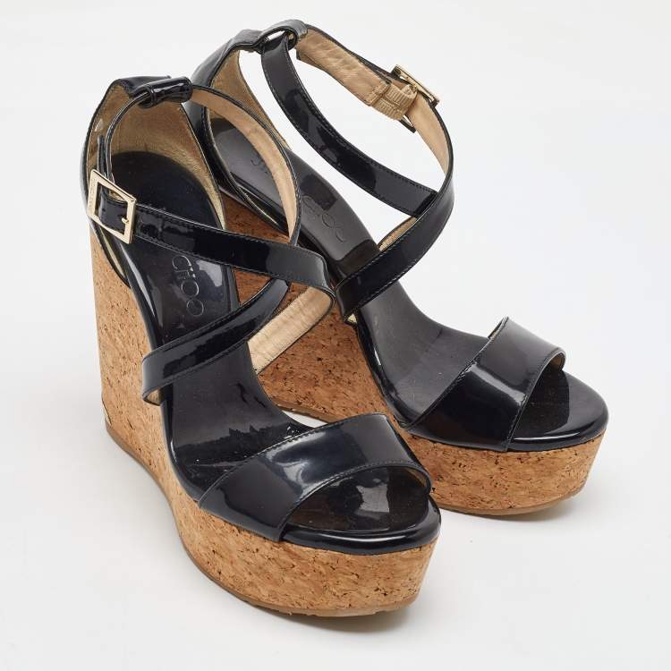 Pre Owned Jimmy Choo Black Patent Leather Portia Cork Platform Wedge Cross Strap Sandals Size 37
