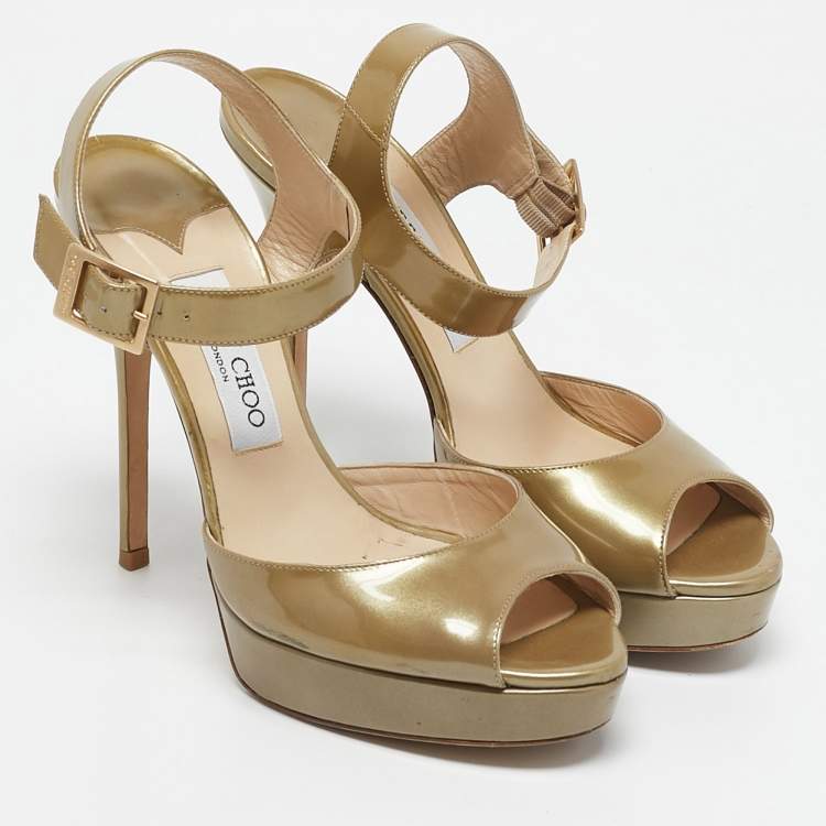 Pre Owned Jimmy Choo Metallic Green Patent Leather Platform Linda Ankle Strap Sandals Size 39.5