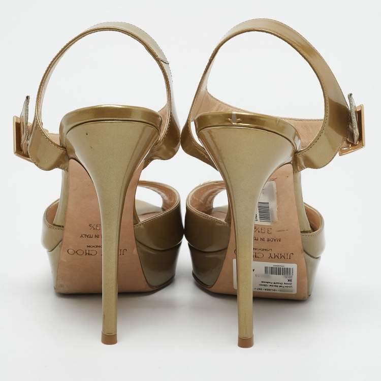 Pre Owned Jimmy Choo Metallic Green Patent Leather Platform Linda Ankle Strap Sandals Size 39.5
