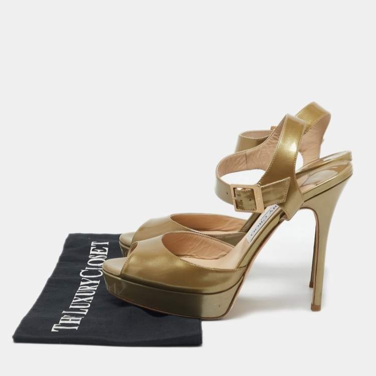 Pre Owned Jimmy Choo Metallic Green Patent Leather Platform Linda Ankle Strap Sandals Size 39.5
