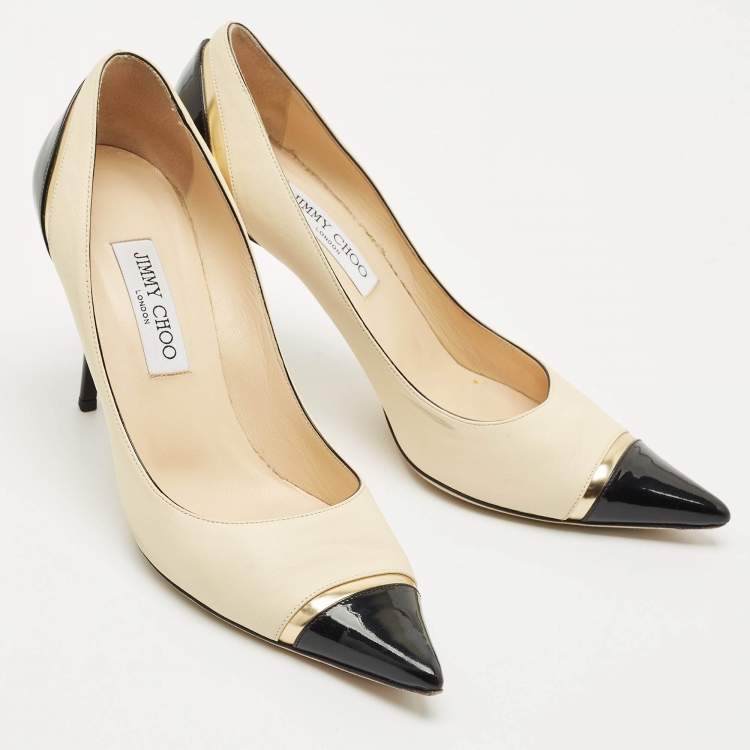 Pre Owned Jimmy Choo Beige/Black Leather and Patent Leather Anouk Pumps Size 41