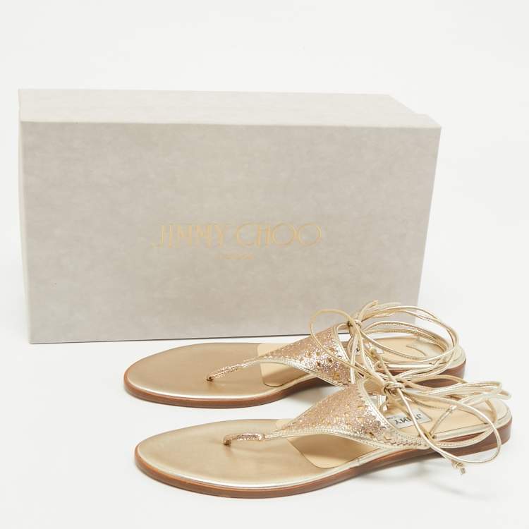 Pre Owned Jimmy Choo Gold Leather Narisa Lace Wrap Thong Flat Sandals Size 37