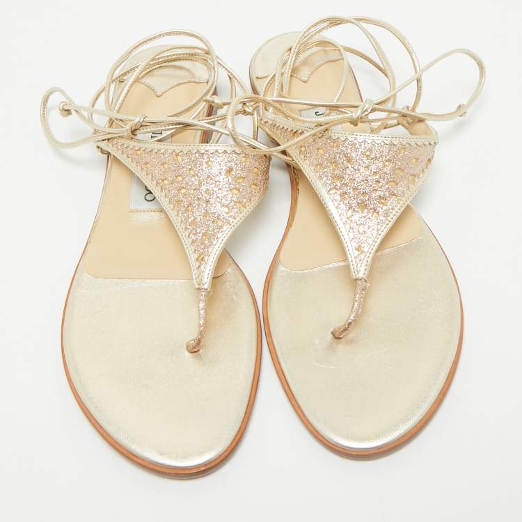 Pre Owned Jimmy Choo Gold Leather Narisa Lace Wrap Thong Flat Sandals Size 37