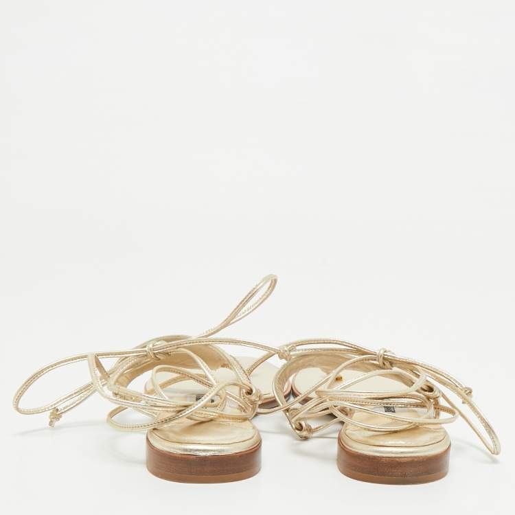 Pre Owned Jimmy Choo Gold Leather Narisa Lace Wrap Thong Flat Sandals Size 37