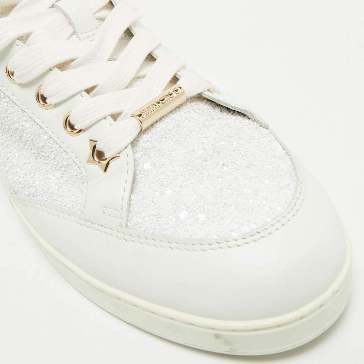 Pre Owned Jimmy Choo White Glitter and Leather Low Top Sneakers Size 40.5
