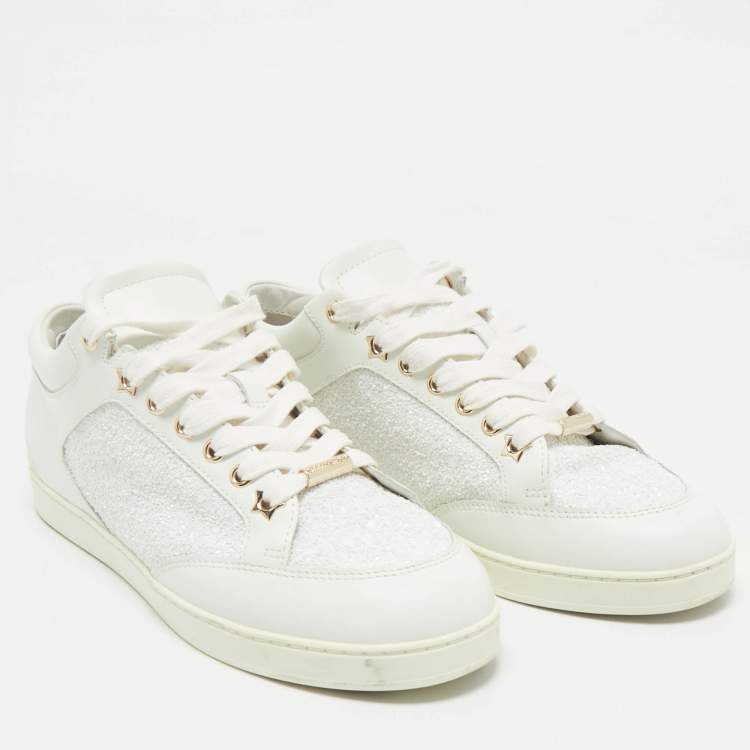 Pre Owned Jimmy Choo White Glitter and Leather Low Top Sneakers Size 40.5