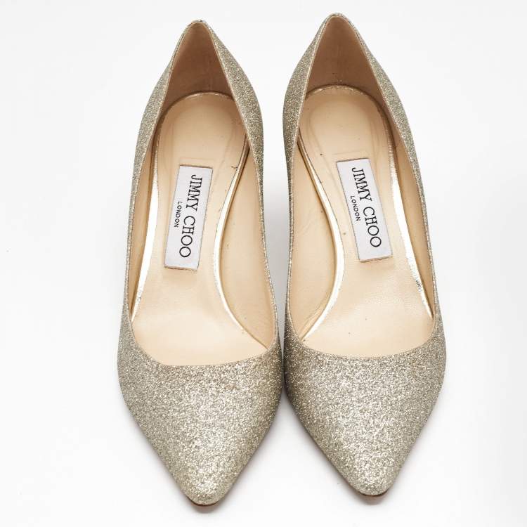 Pre Owned Jimmy Choo Gold Glitter Romy Pumps Size 37