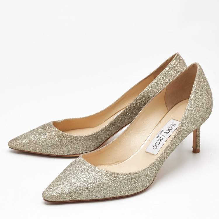 Pre Owned Jimmy Choo Gold Glitter Romy Pumps Size 37
