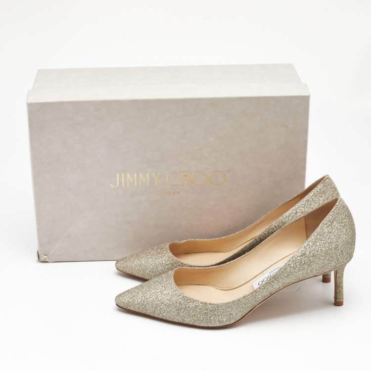 Pre Owned Jimmy Choo Gold Glitter Romy Pumps Size 37