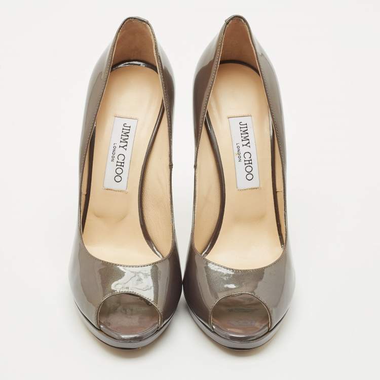 Pre Owned Jimmy Choo Grey Patent Leather Quiet Peep Toe Pumps Size 40