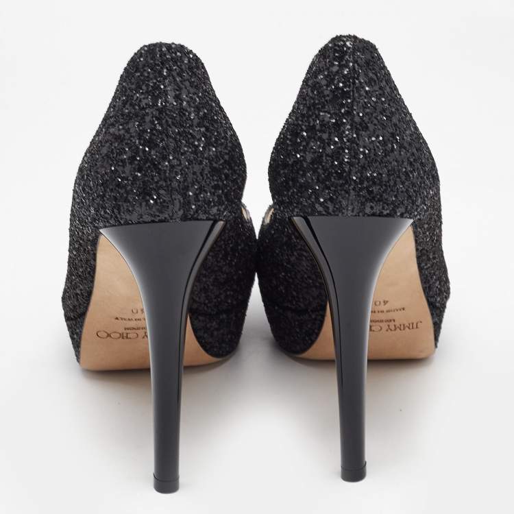 Pre Owned Jimmy Choo Black Coarse Glitter Dahlia Pumps Size 40