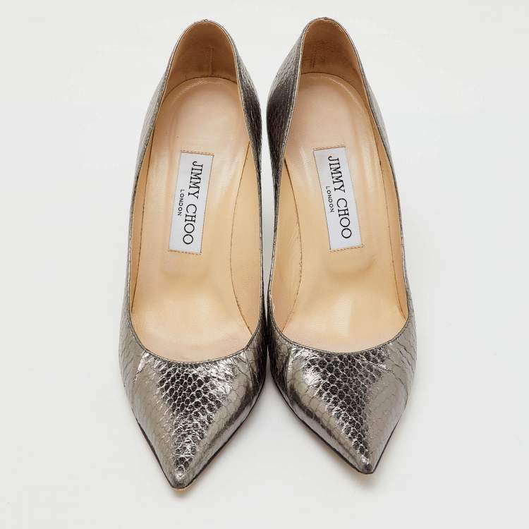 Pre Owned Jimmy Choo Metallic Grey Python Embossed Leather Pointed Toe Pumps Size 37