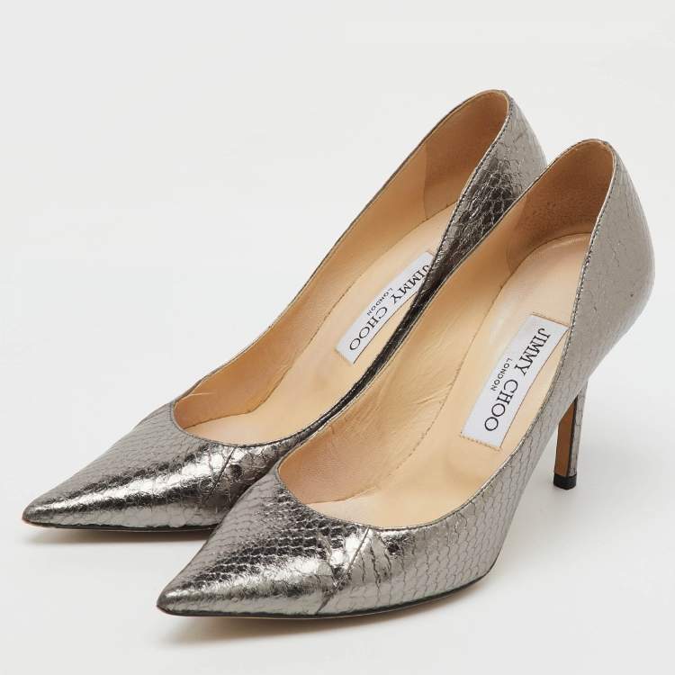 Pre Owned Jimmy Choo Metallic Grey Python Embossed Leather Pointed Toe Pumps Size 37