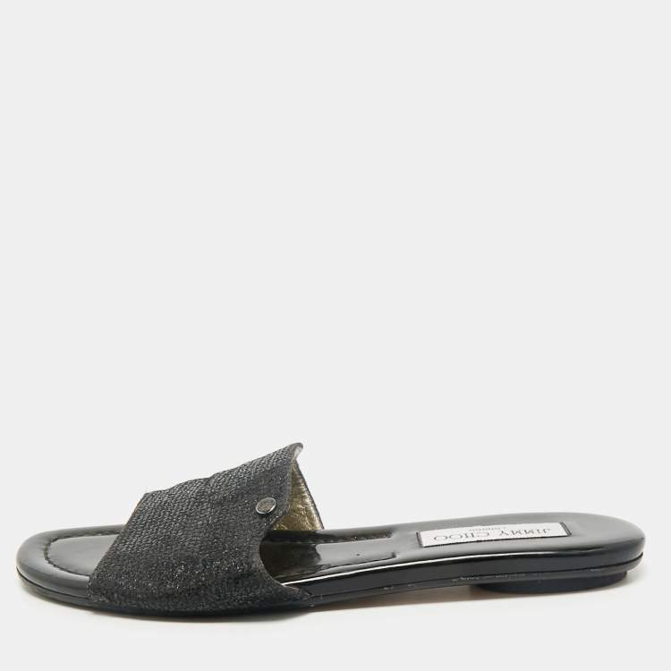 Pre Owned Jimmy Choo Metallic Black Glitter Nanda Flat Slides Size 38.5