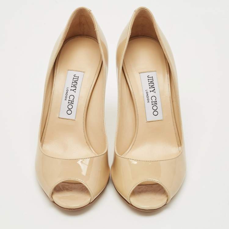 Pre Owned Jimmy Choo Beige Patent Evelyn Peep Toe Pumps Size 36