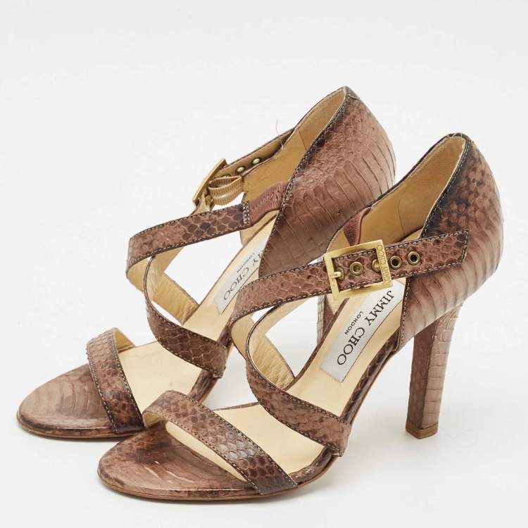 Pre Owned Jimmy Choo Brown Watersnake Leather Cross Strap Sandals Size 36