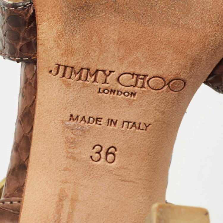 Pre Owned Jimmy Choo Brown Watersnake Leather Cross Strap Sandals Size 36