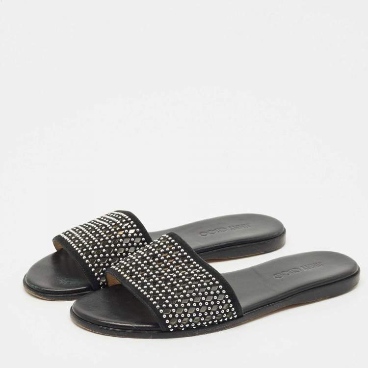 Pre Owned Jimmy Choo Black Leather and Suede Studded Minea Flat Slides Size 41