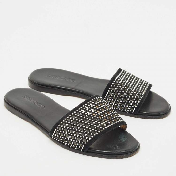 Pre Owned Jimmy Choo Black Leather and Suede Studded Minea Flat Slides Size 41