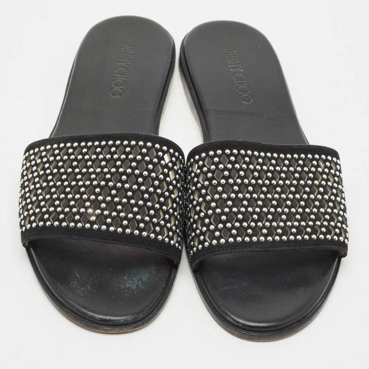 Pre Owned Jimmy Choo Black Leather and Suede Studded Minea Flat Slides Size 41