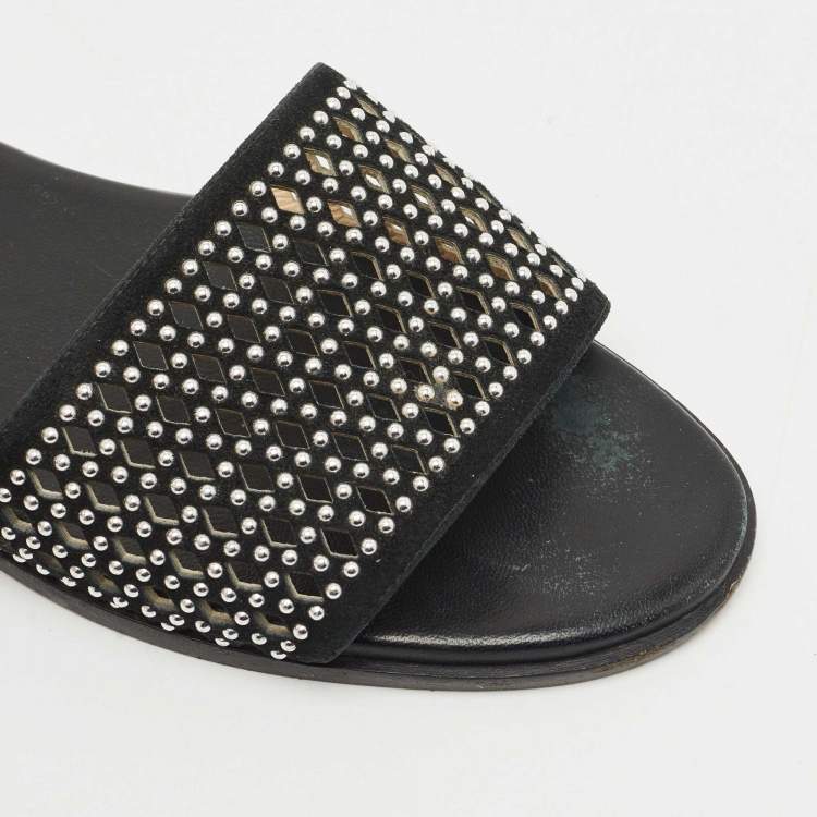 Pre Owned Jimmy Choo Black Leather and Suede Studded Minea Flat Slides Size 41